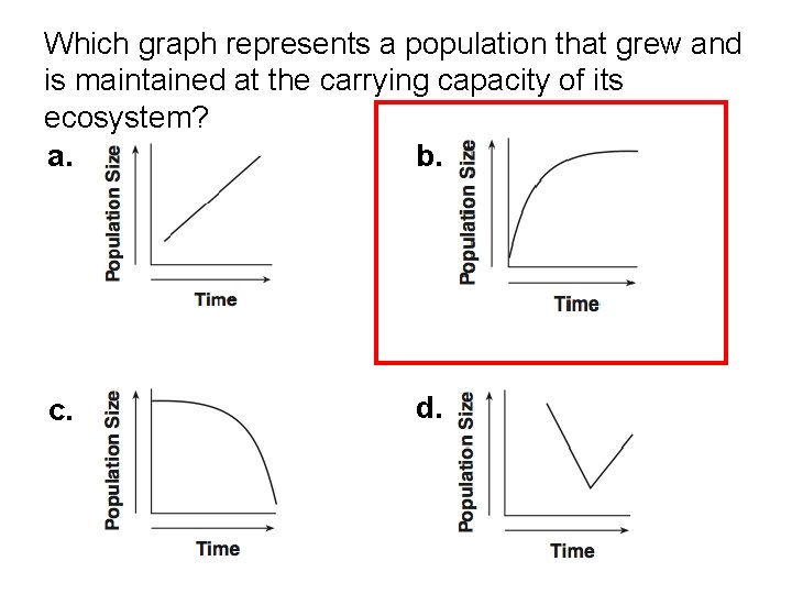Which graph represents a population that grew and is maintained at the carrying capacity Which graph represents a population that grew and is maintained at the carrying capacity