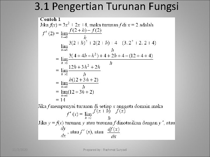 3. 1 Pengertian Turunan Fungsi 11/2/2020 Prepared by : Rachmat Suryadi 