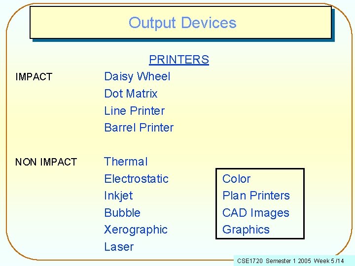 Output Devices IMPACT NON IMPACT PRINTERS Daisy Wheel Dot Matrix Line Printer Barrel Printer