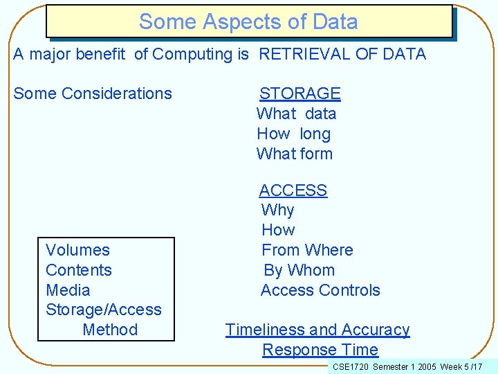 Some Aspects of Data A major benefit of Computing is RETRIEVAL OF DATA Some