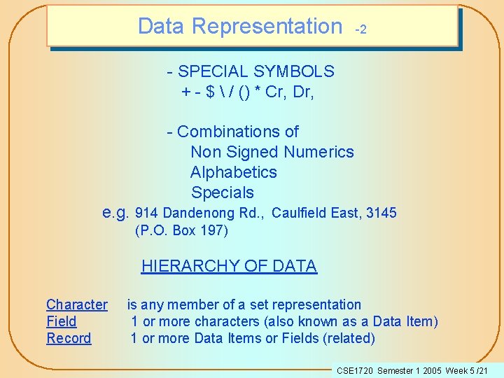 Data Representation -2 - SPECIAL SYMBOLS + - $  / () * Cr,