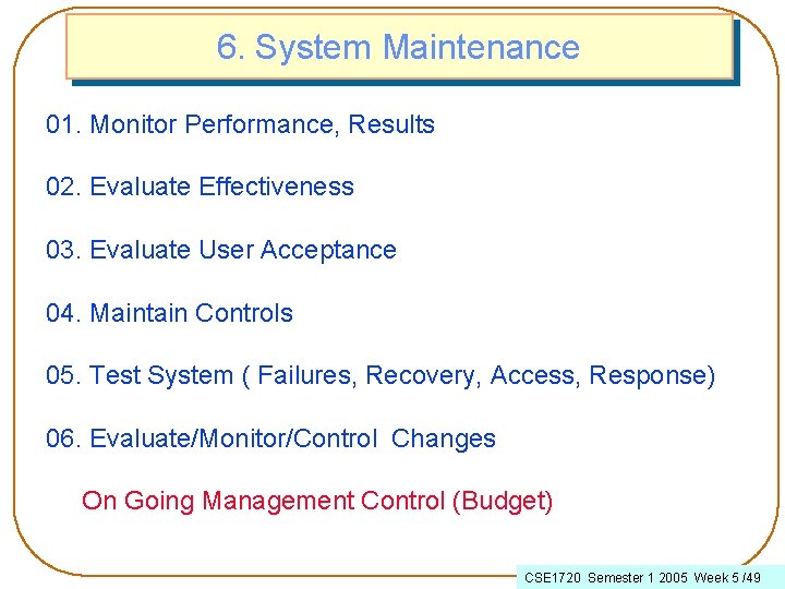 6. System Maintenance 01. Monitor Performance, Results 02. Evaluate Effectiveness 03. Evaluate User Acceptance