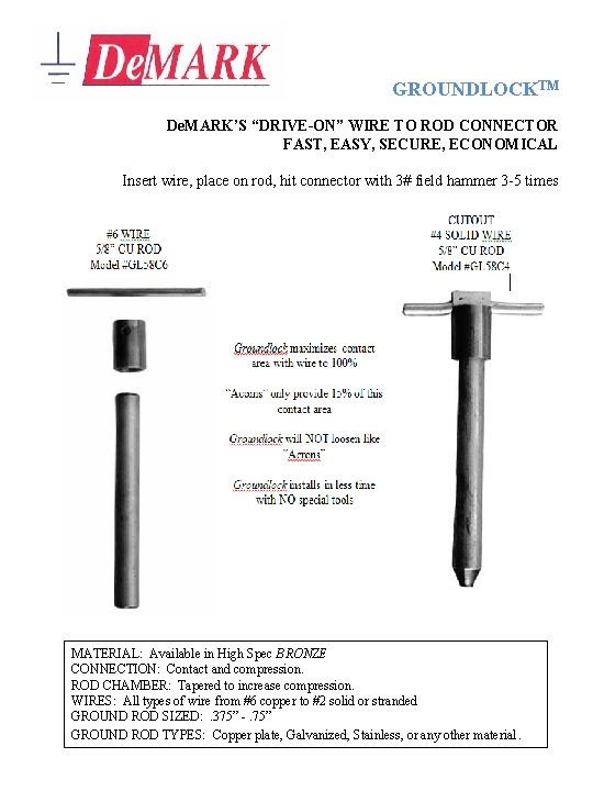  GROUNDLOCKTM De. MARK’S “DRIVE-ON” WIRE TO ROD CONNECTOR FAST, EASY, SECURE, ECONOMICAL Insert
