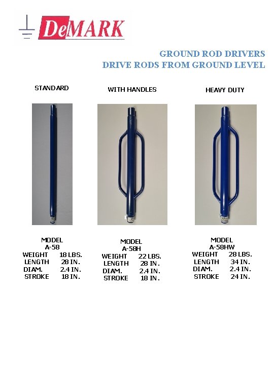 GROUND ROD DRIVERS DRIVE RODS FROM GROUND LEVEL STANDARD WITH HANDLES MODEL A-58 WEIGHT