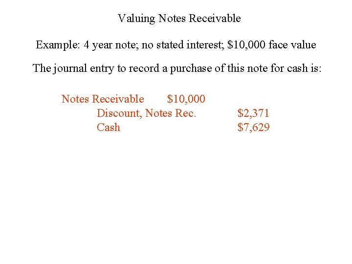 Valuing Notes Receivable Example: 4 year note; no stated interest; $10, 000 face value