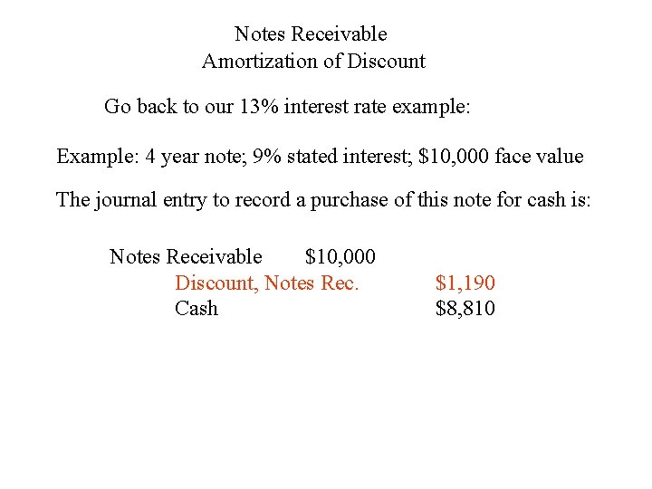 Notes Receivable Amortization of Discount Go back to our 13% interest rate example: Example: