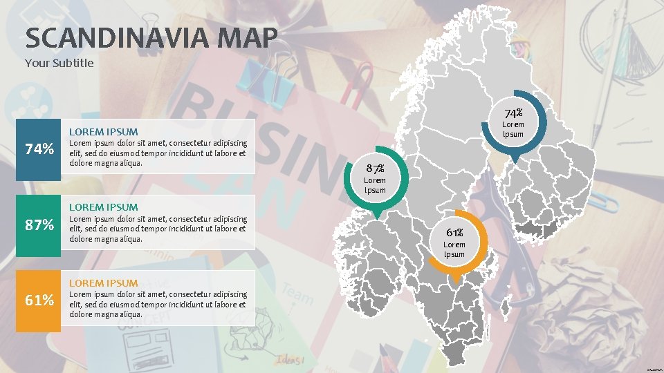 SCANDINAVIA MAP Your Subtitle 74% Lorem Ipsum LOREM IPSUM Lorem ipsum dolor sit amet,