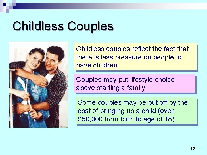 Childless Couples Childless couples reflect the fact that there is less pressure on people Childless Couples Childless couples reflect the fact that there is less pressure on people