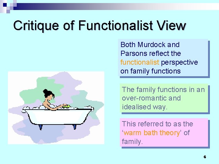 Critique of Functionalist View Both Murdock and Parsons reflect the functionalist perspective on family Critique of Functionalist View Both Murdock and Parsons reflect the functionalist perspective on family
