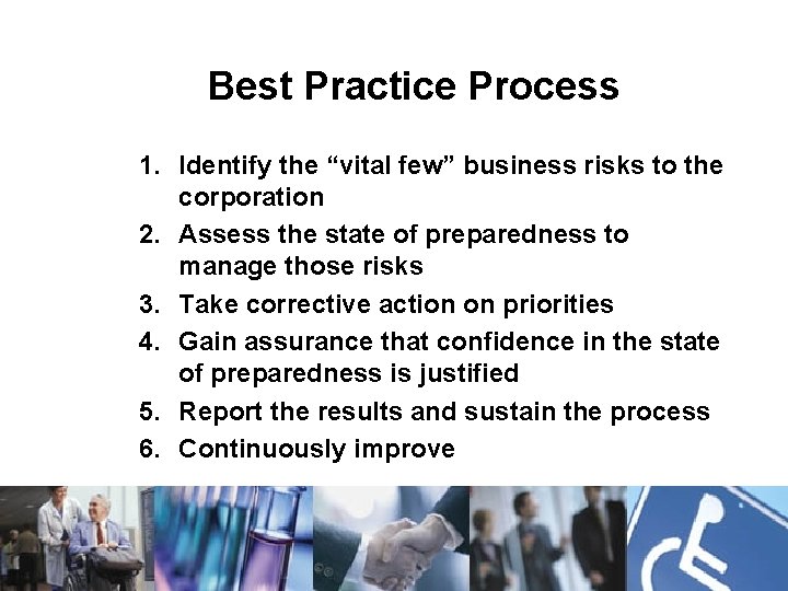 Best Practice Process 1. Identify the “vital few” business risks to the corporation 2.