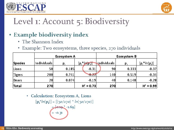 Level 1: Account 5: Biodiversity • Example biodiversity index • The Shannon Index •