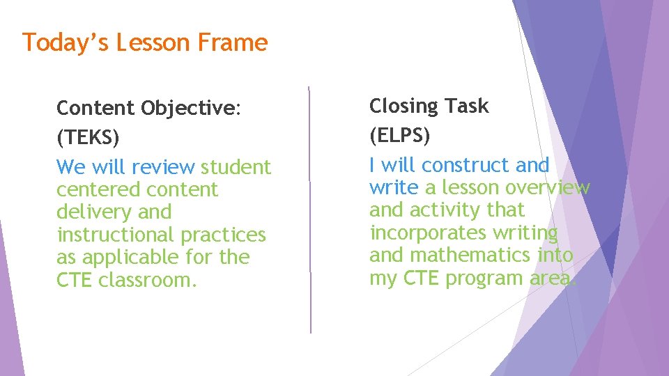 Today’s Lesson Frame Content Objective: (TEKS) We will review student centered content delivery and