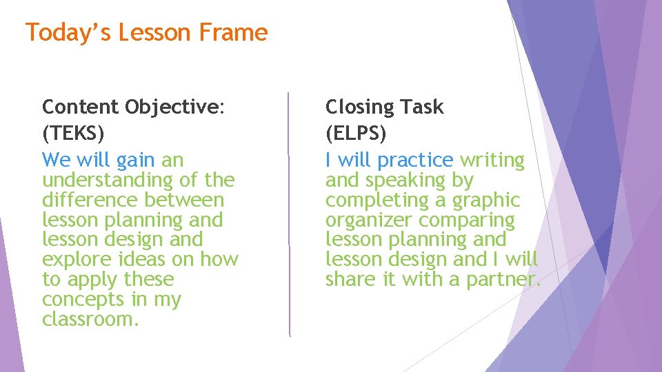 Today’s Lesson Frame Content Objective: (TEKS) We will gain an understanding of the difference