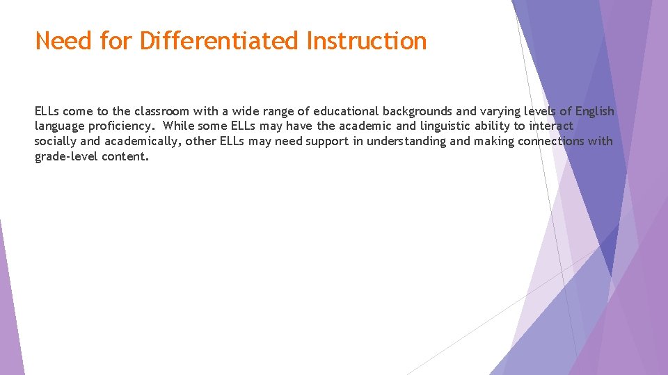 Need for Differentiated Instruction ELLs come to the classroom with a wide range of