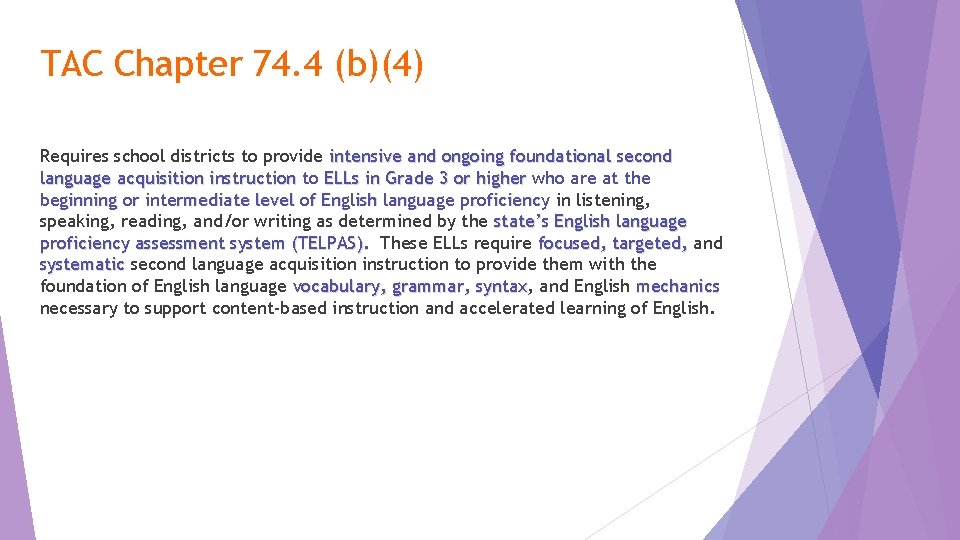 TAC Chapter 74. 4 (b)(4) Requires school districts to provide intensive and ongoing foundational