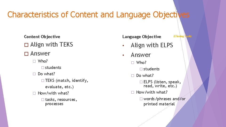 Characteristics of Content and Language Objectives Content Objective Language Objective � Align • Align