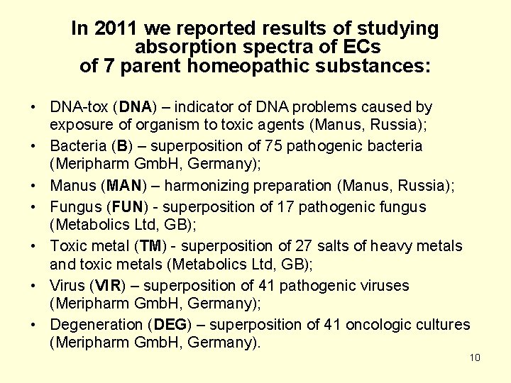 In 2011 we reported results of studying absorption spectra of ECs of 7 parent