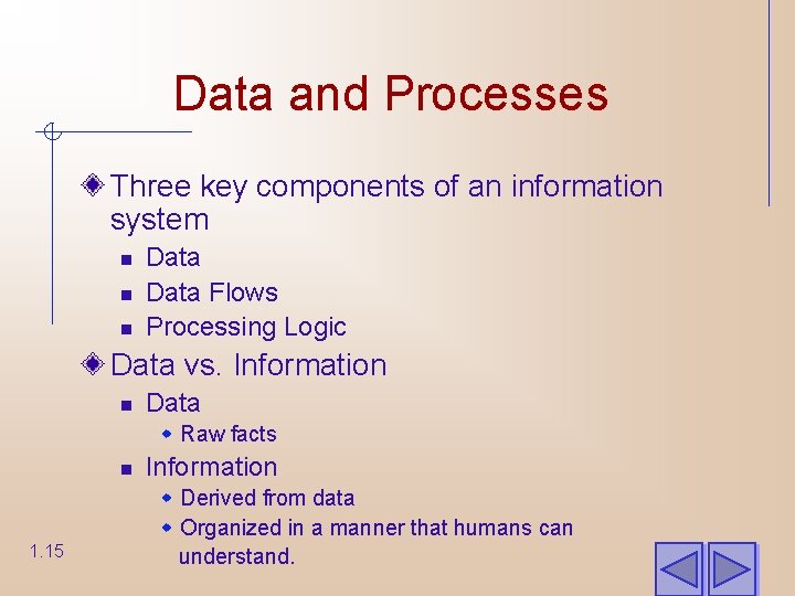Data and Processes Three key components of an information system n n n Data