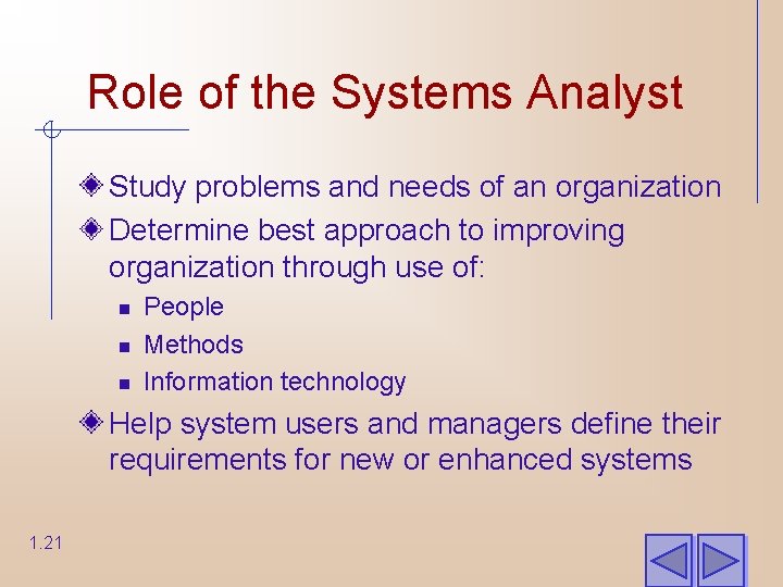 Role of the Systems Analyst Study problems and needs of an organization Determine best