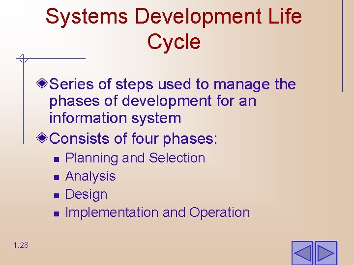 Systems Development Life Cycle Series of steps used to manage the phases of development