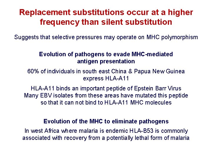 Replacement substitutions occur at a higher frequency than silent substitution Suggests that selective pressures