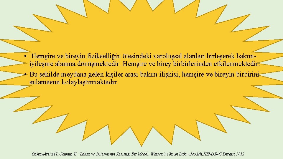  • Hemşire ve bireyin fizikselliğin ötesindeki varoluşsal alanları birleşerek bakımiyileşme alanına dönüşmektedir. Hemşire