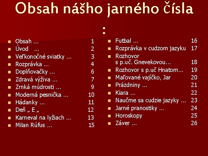 n n n Obsah nášho jarného čísla : n Futbal. . . 16 Obsah.