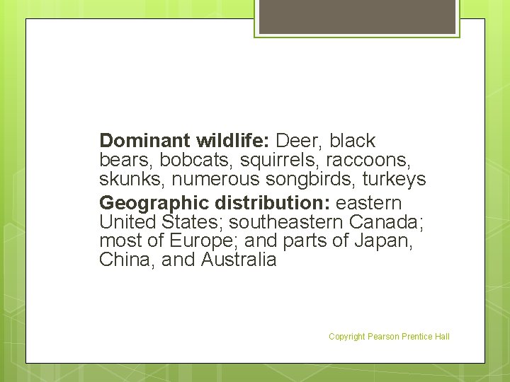Dominant wildlife: Deer, black bears, bobcats, squirrels, raccoons, skunks, numerous songbirds, turkeys Geographic distribution: