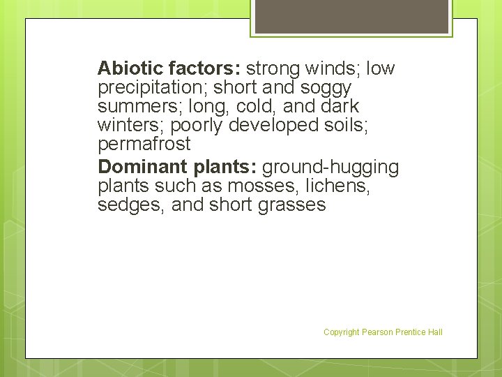 Abiotic factors: strong winds; low precipitation; short and soggy summers; long, cold, and dark