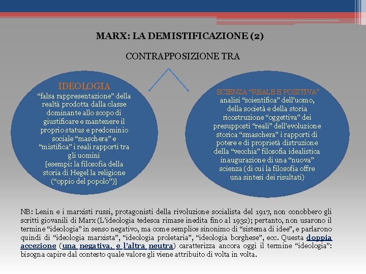 MARX: LA DEMISTIFICAZIONE (2) CONTRAPPOSIZIONE TRA IDEOLOGIA “falsa rappresentazione” della realtà prodotta dalla classe