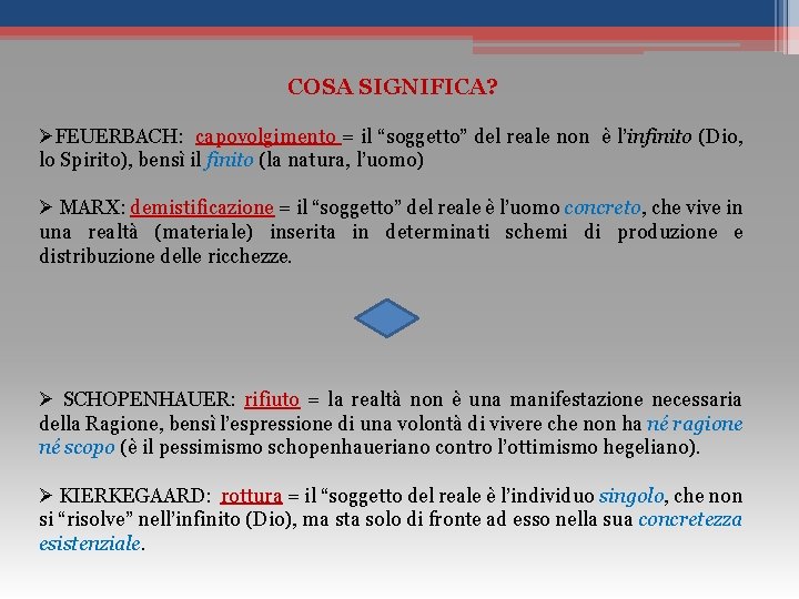 COSA SIGNIFICA? ØFEUERBACH: capovolgimento = il “soggetto” del reale non è l’infinito (Dio, lo
