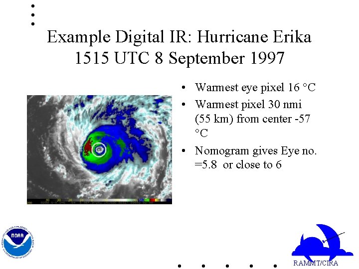 Example Digital IR: Hurricane Erika 1515 UTC 8 September 1997 • Warmest eye pixel