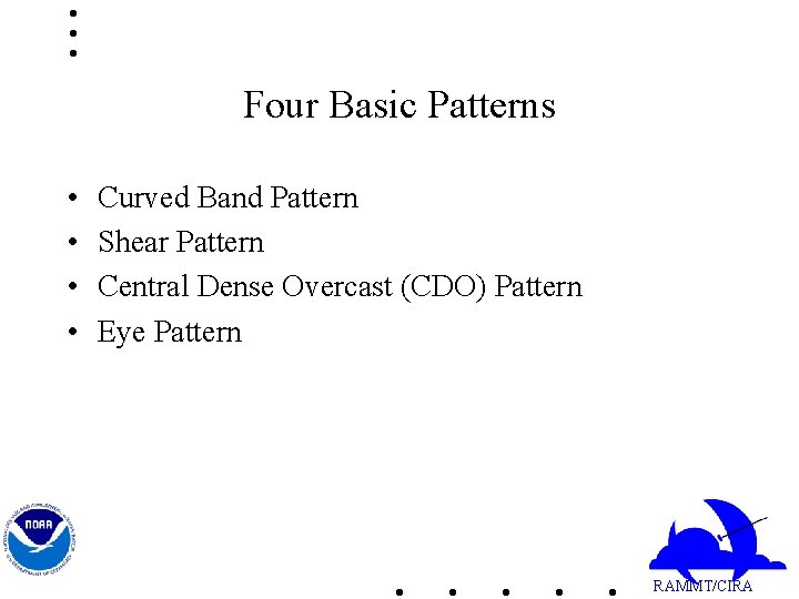 Four Basic Patterns • • Curved Band Pattern Shear Pattern Central Dense Overcast (CDO)