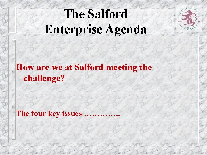 The Salford Enterprise Agenda How are we at Salford meeting the challenge? The four
