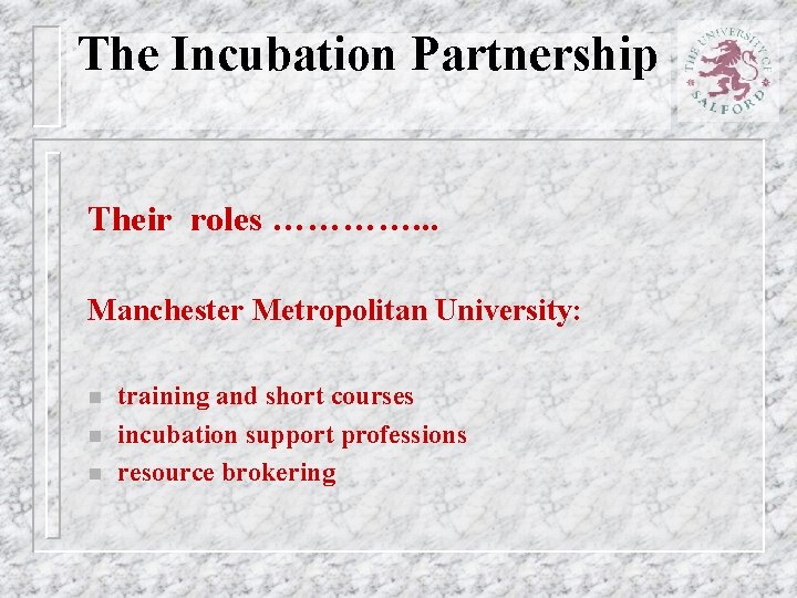 The Incubation Partnership Their roles …………. . . Manchester Metropolitan University: n n n