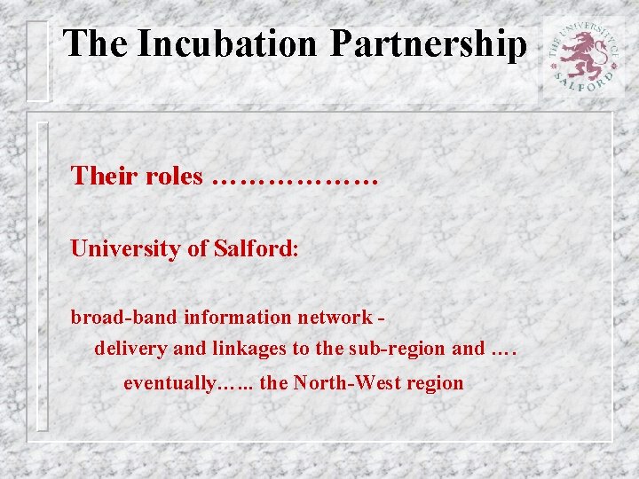 The Incubation Partnership Their roles ……………… University of Salford: broad-band information network delivery and