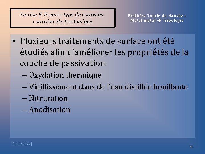 Section B: Premier type de corrosion: corrosion électrochimique Prothèse Totale de Hanche : Métal-métal