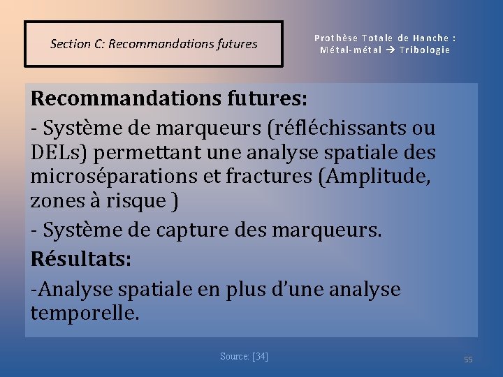 Section C: Recommandations futures Prothèse Totale de Hanche : Métal-métal Tribologie Recommandations futures: -
