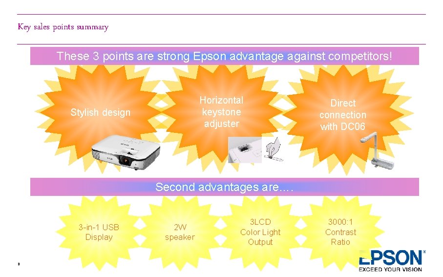 Key sales points summary These 3 points are strong Epson advantage against competitors! Horizontal Key sales points summary These 3 points are strong Epson advantage against competitors! Horizontal
