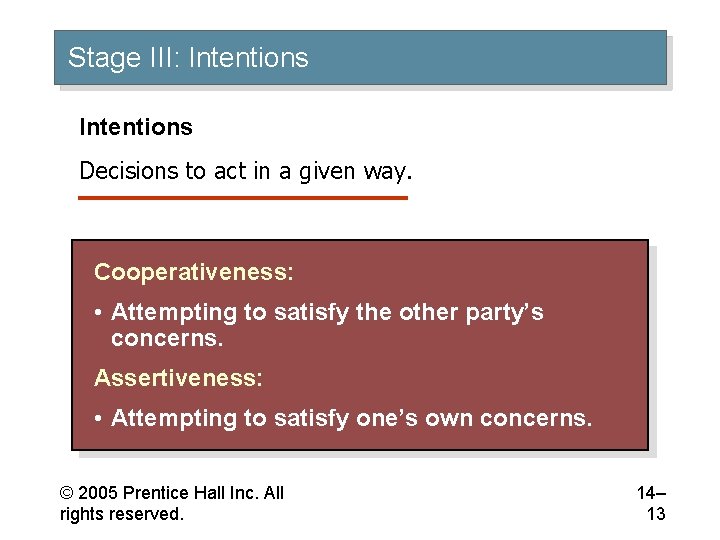 Stage III: Intentions Decisions to act in a given way. Cooperativeness: • Attempting to