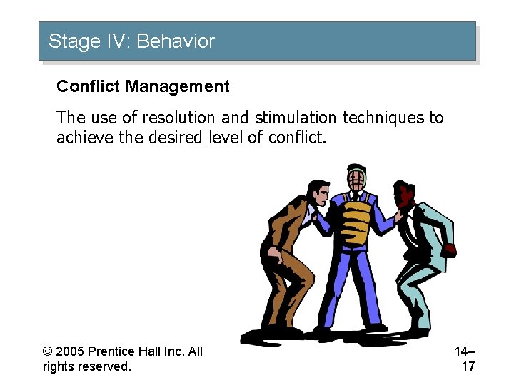 Stage IV: Behavior Conflict Management The use of resolution and stimulation techniques to achieve