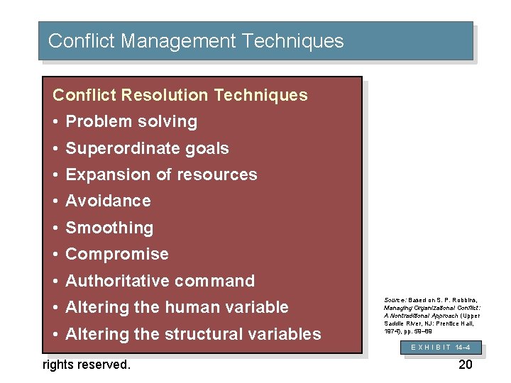 Conflict Management Techniques Conflict Resolution Techniques • Problem solving • Superordinate goals • Expansion