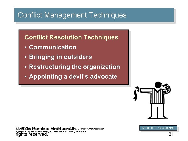 Conflict Management Techniques Conflict Resolution Techniques • Communication • Bringing in outsiders • Restructuring