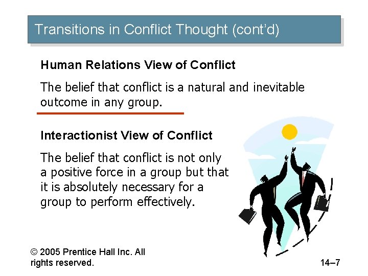 Transitions in Conflict Thought (cont’d) Human Relations View of Conflict The belief that conflict