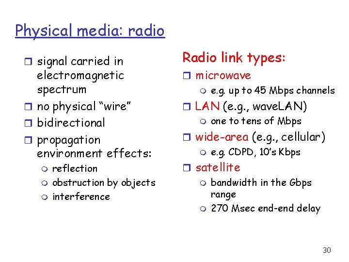 Physical media: radio r signal carried in electromagnetic spectrum r no physical “wire” r