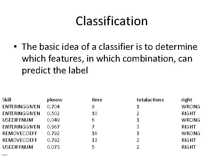 Classification • The basic idea of a classifier is to determine which features, in