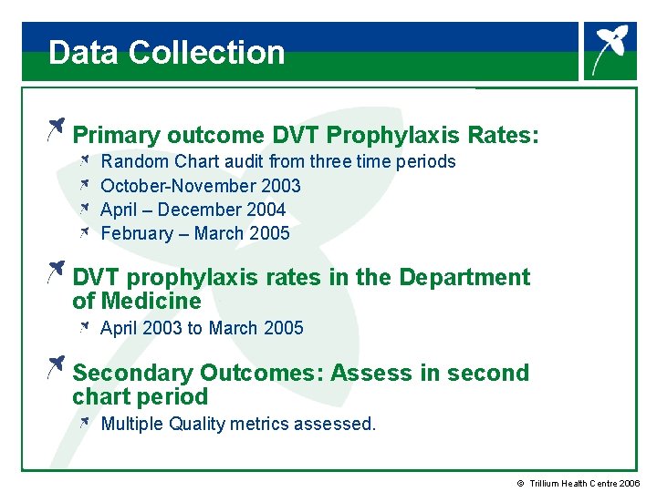 Data Collection Primary outcome DVT Prophylaxis Rates: Random Chart audit from three time periods