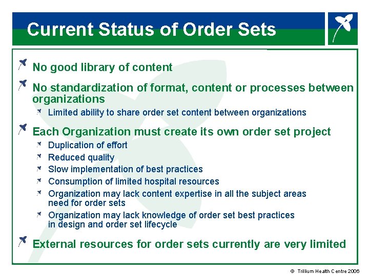 Current Status of Order Sets No good library of content No standardization of format,
