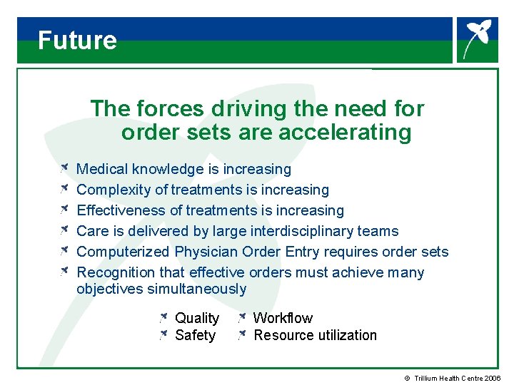 Future The forces driving the need for order sets are accelerating Medical knowledge is