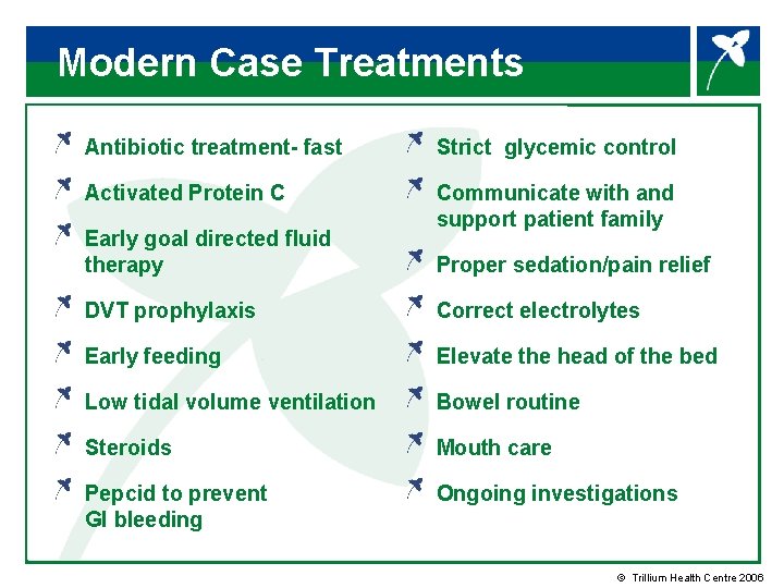 Modern Case Treatments Antibiotic treatment- fast Strict glycemic control Activated Protein C Communicate with